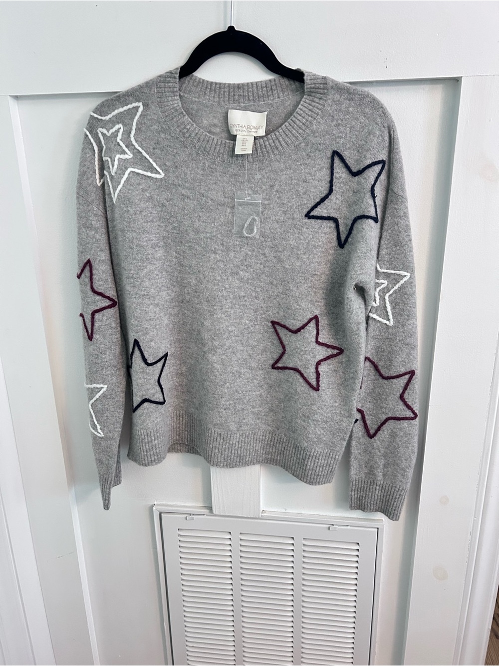 Cynthia Rowley 100% Cashmere Gray Star Sweater Size Large Soft Luxury Knit